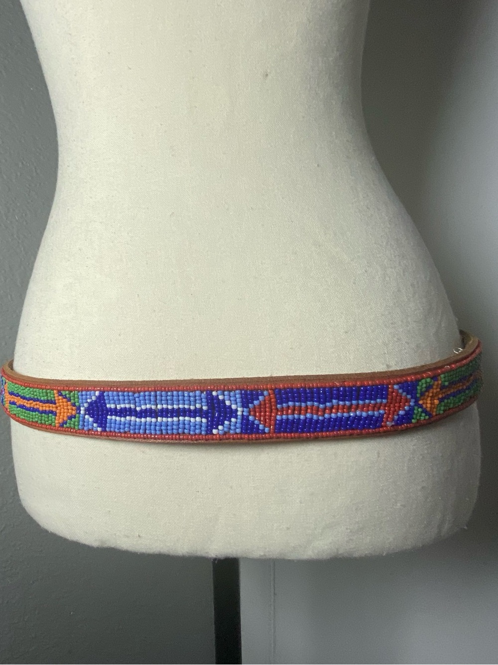 Vintage Artisinal Tribal Tan Leather Multicolor Beaded Belt Large XL